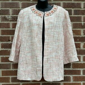 Alfred Dunner Womens Pink Tweed Open Blazer Suit Jacket Bead 3/4 Sleeve Size 18